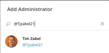 Search for a new administrator by their Telegram username